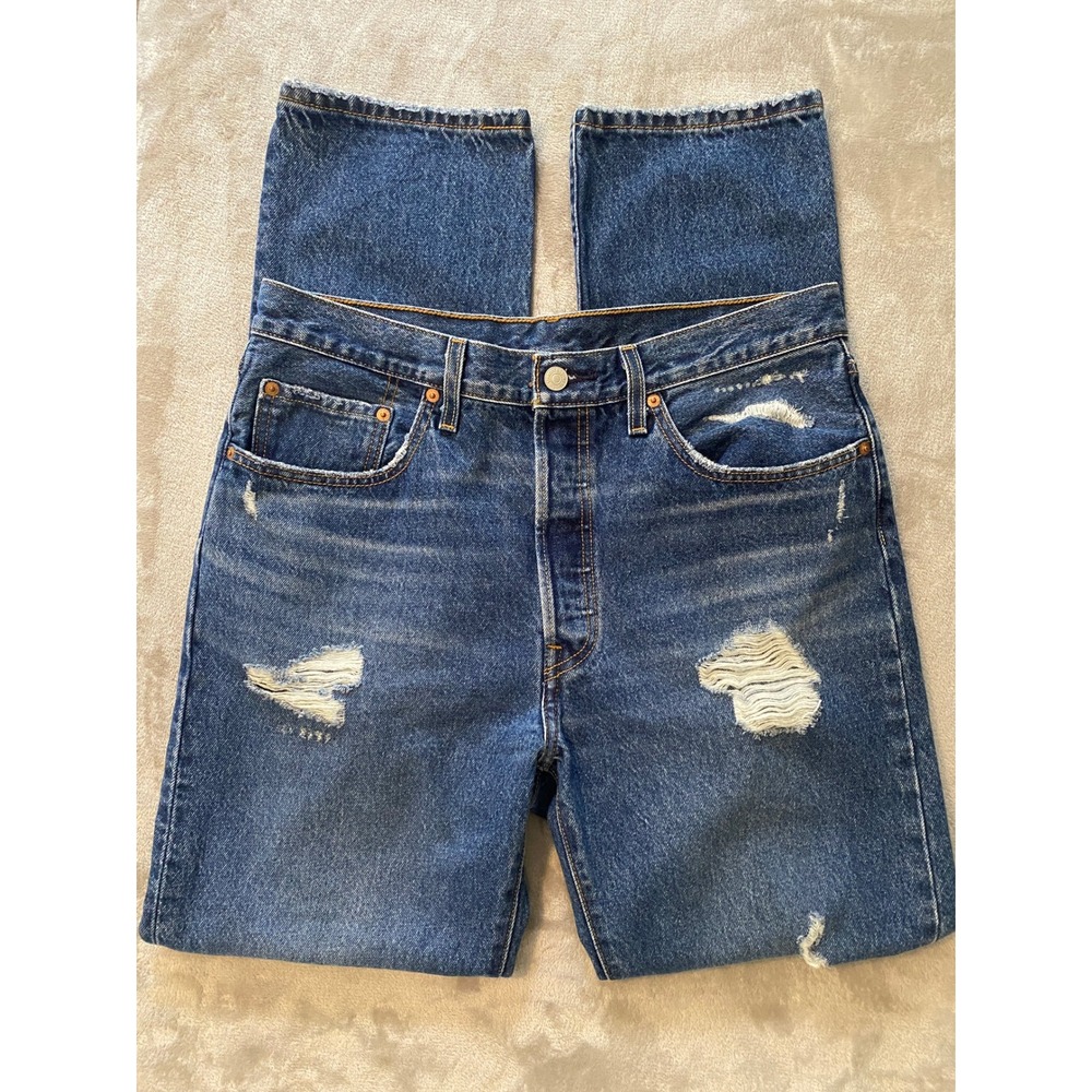 Levi's 501 Jeans 31x32 Blue Reworked Distressed Ripped Button‎ Fly Streetwear